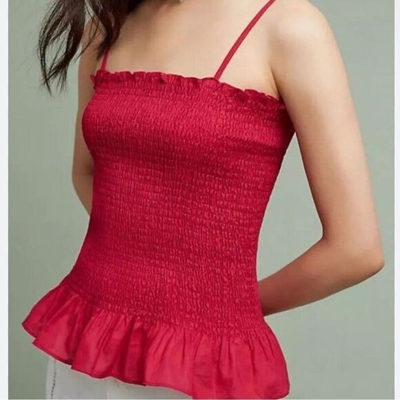 EUC Anthropologie Maeve Linen smocked peplum Top Raspberry(size medium) - Picture 3 of 8